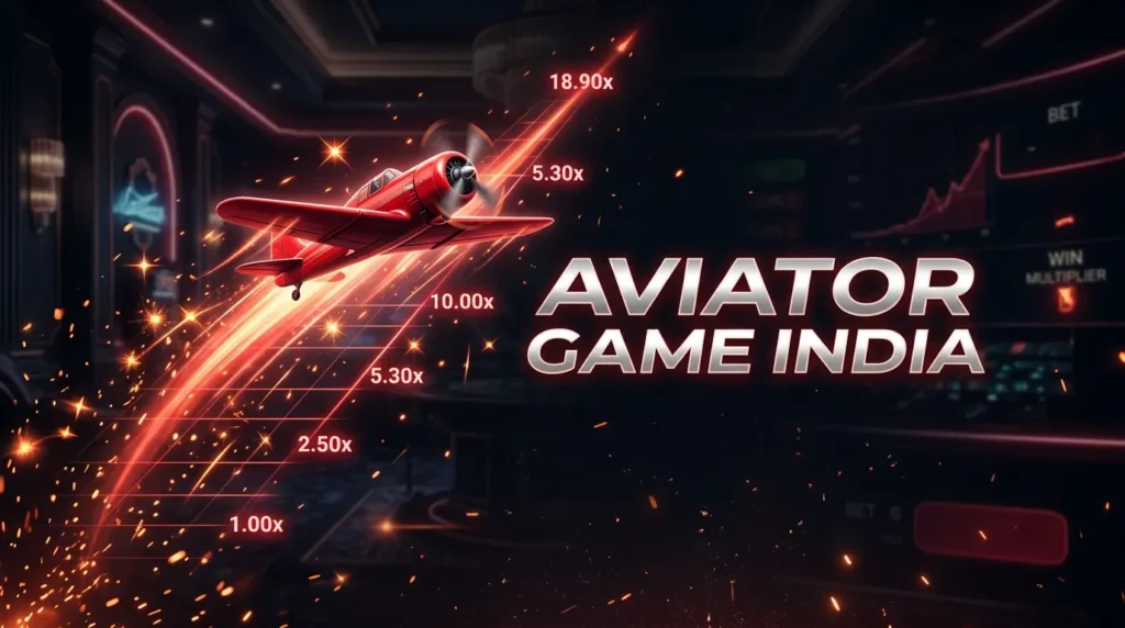 Promotional banner titled "Aviator Game India" featuring a red propeller plane taking off against a dark casino background, leaving a trail of sparks along an upward multiplier chart.