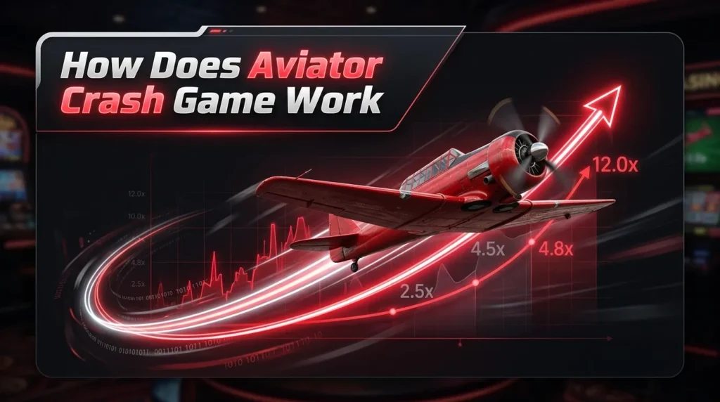 Informational graphic titled "How Does Aviator Crash Game Work" displaying a red plane flying upwards along a glowing red line graph with multipliers reaching up to 12.0x.